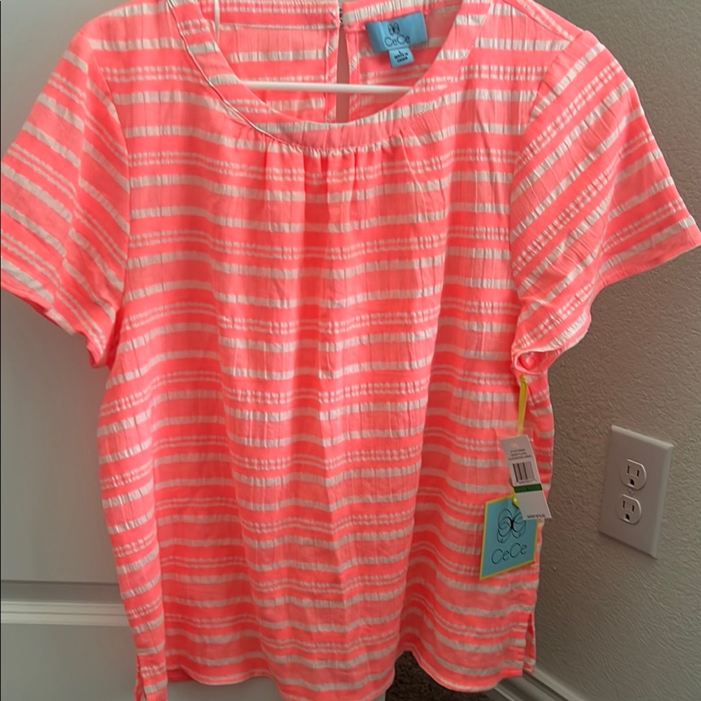 CeCe Pink and White Striped Blouse